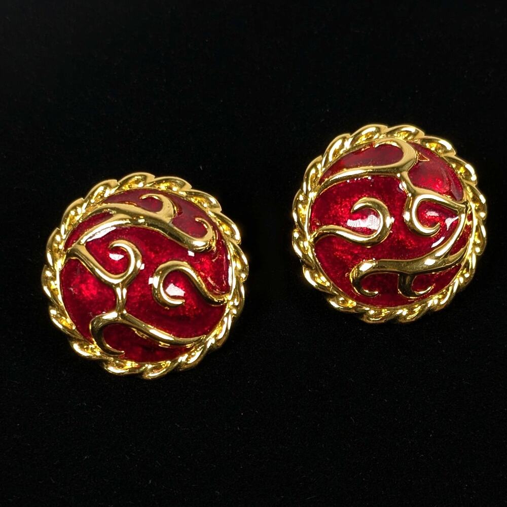 Hutton Wilkinson Signed Red and Gold Tone Clip On Round Enamel Swirl Earrings